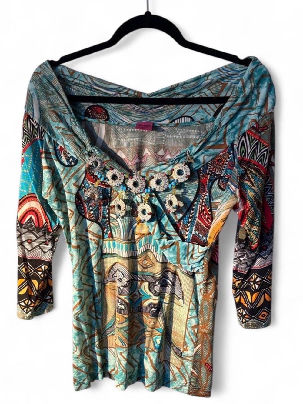 Save The Queen Turquoise Patterned 3/4 Sleeve Top with Necklace